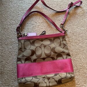 Coach Pink and Brown Crossbody Bag with Signature Monogram